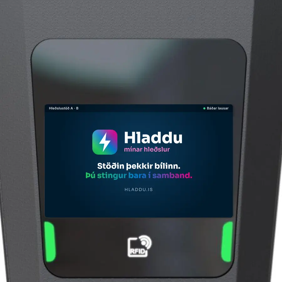 Dæmi: tvöföld CTEK Connected 3i þar sem skjárinn flettir merkjum Hladdu, Bóka Sal, Fiskar.is, Verksýnar og Húsa- og lóðaverktaka.